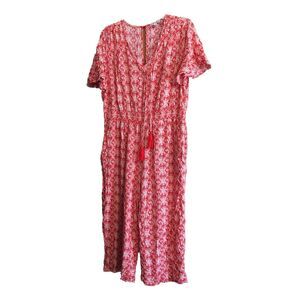 Luxology Red White Boho Floral Cropped Jumpsuit Tassel Keyhole Wide Leg Size XL